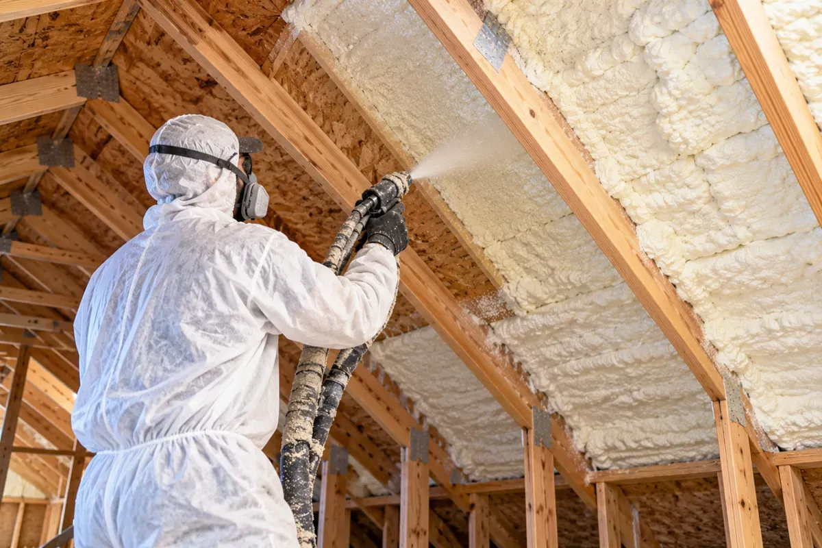 Technician applying closed-cell spray foam to attic roof rafters in Gardendale.