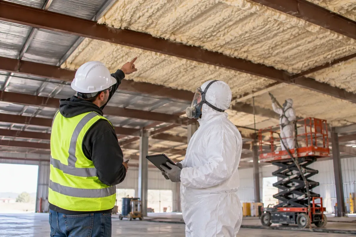 Commercial insulation specialists inspecting spray foam installation in Odessa, TX