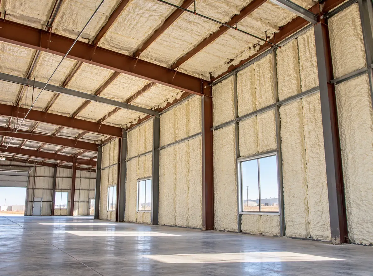 Completed spray foam insulation on warehouse walls and ceiling in Odessa, TX