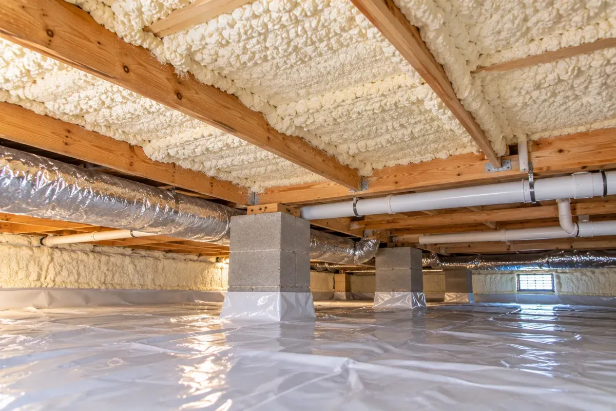 Completed residential crawl space with spray foam insulation and vapor barrier