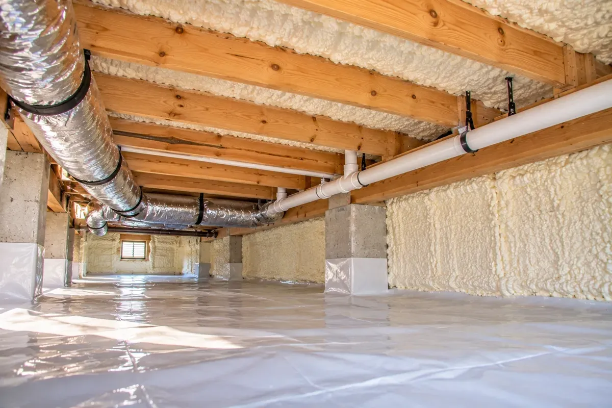 Completed crawl space insulation with spray foam and sealed vapor barrier