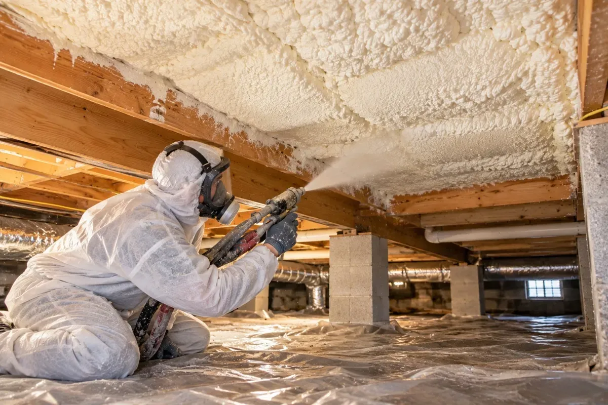 Worker applying spray foam insulation to crawl space floor joists in Odessa, TX