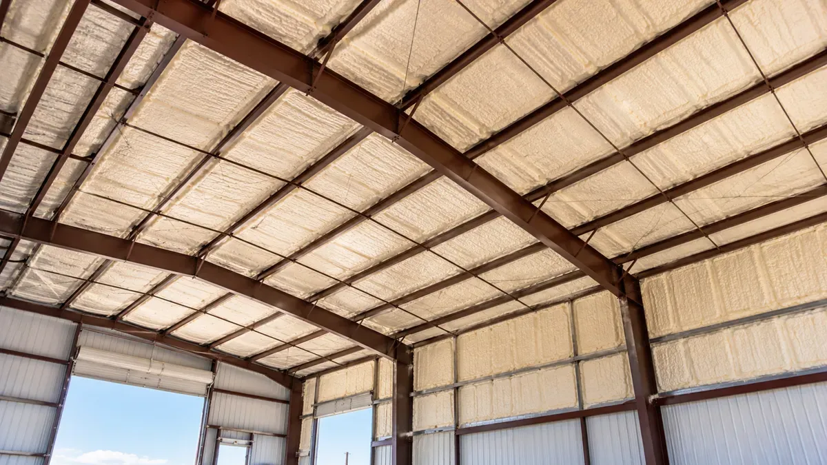 Low-angle view of spray foam insulation on metal building rafters in Odessa, TX.
