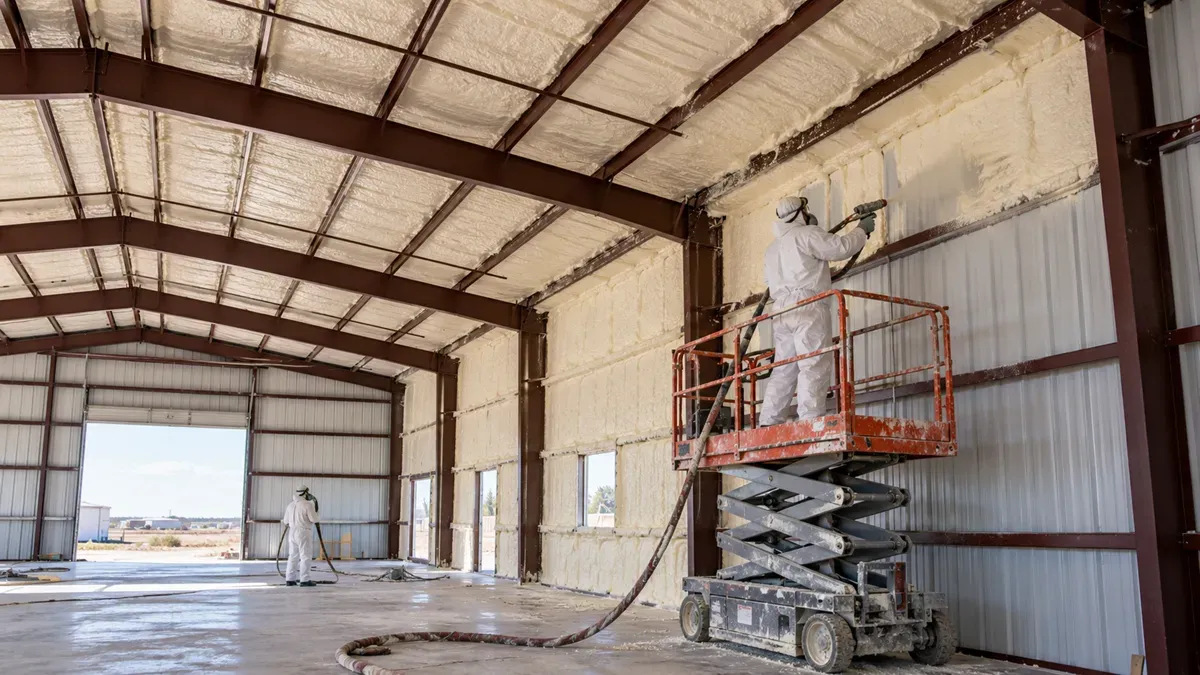 Spray foam insulation applied to a commercial metal building in Odessa, TX.
