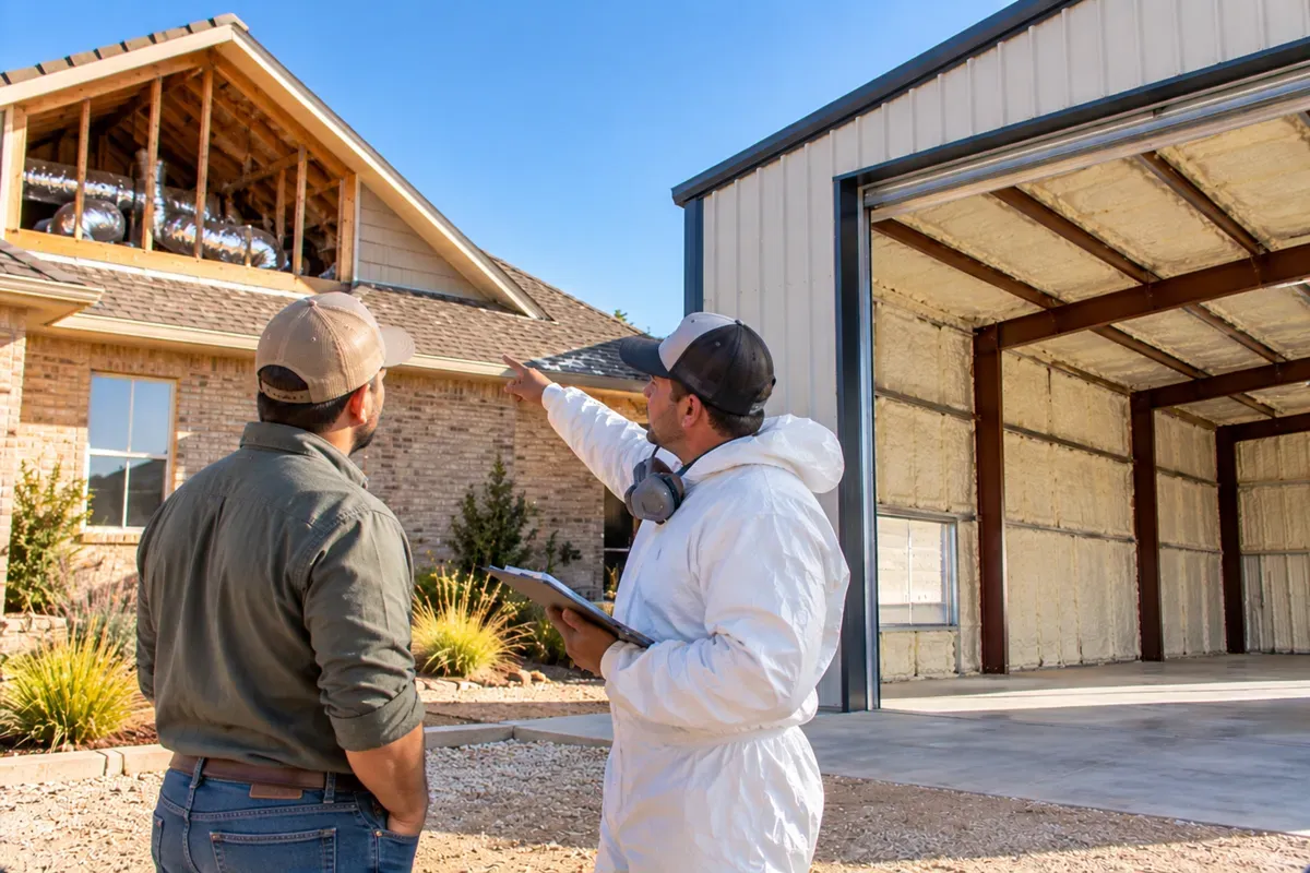 Insulation specialist reviewing a home and metal garage in Odessa, TX