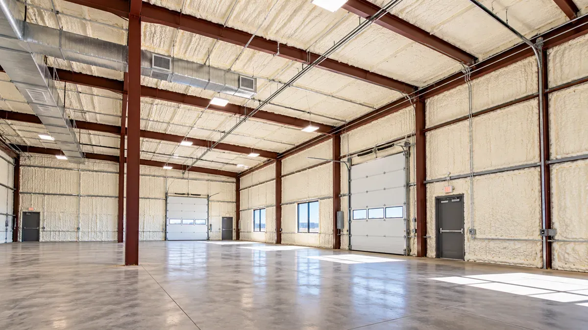 Clean spray foam insulation on warehouse walls and ceiling in Odessa, TX