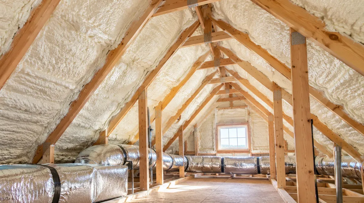 Completed attic spray foam insulation with exposed rafters in Odessa, Texas