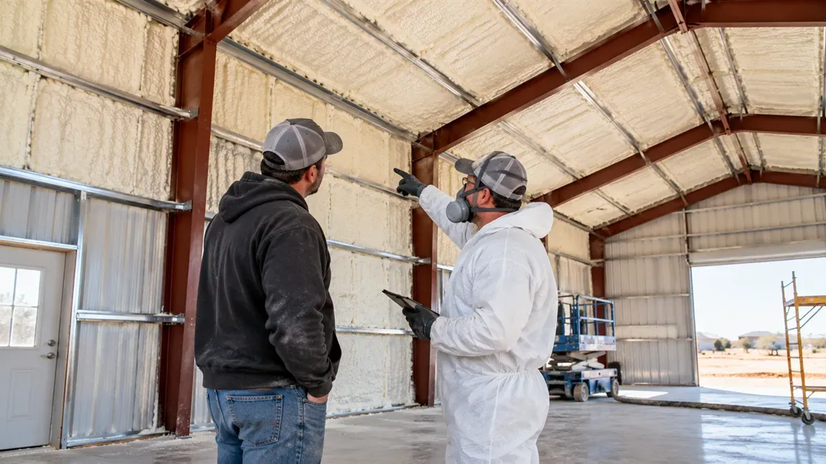 Contractor inspecting spray foam insulation inside a metal building in Odessa, Texas

