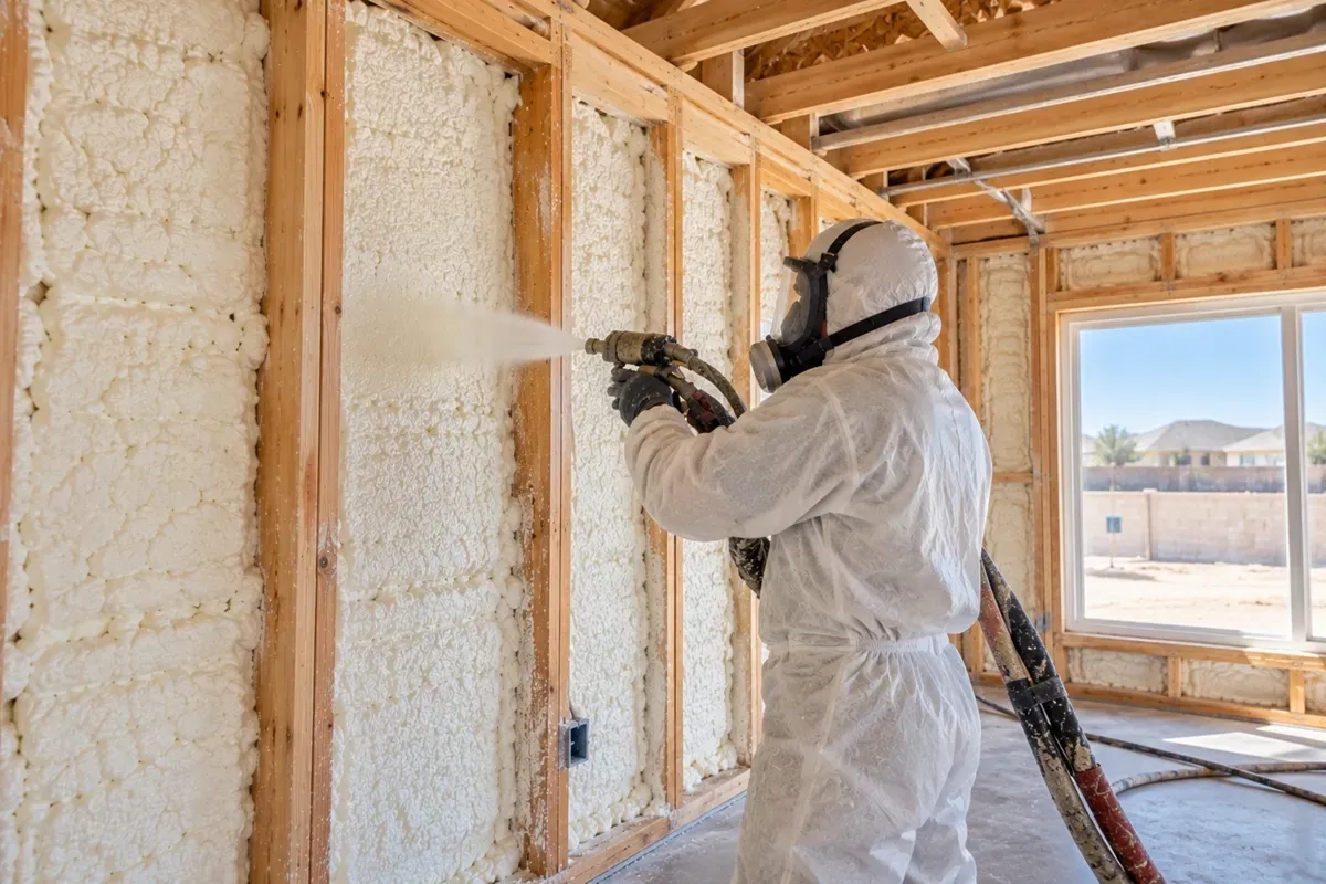 Worker applying open-cell spray foam insulation in Odessa, TX