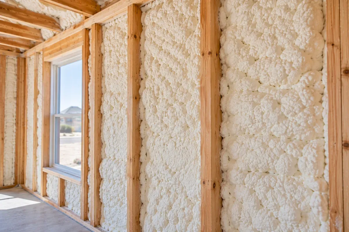 Close-up of open-cell spray foam insulation between wall studs in Odessa, TX
