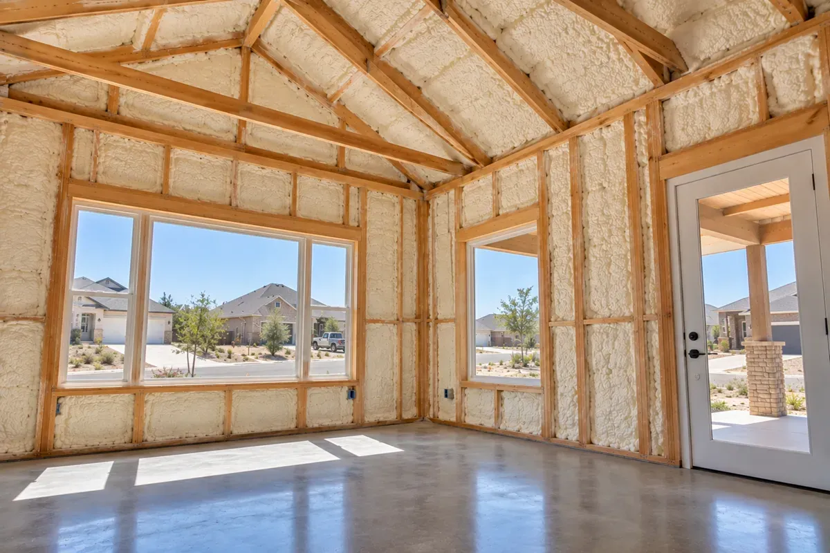 Open-cell spray foam insulation in an Odessa home with neighborhood views