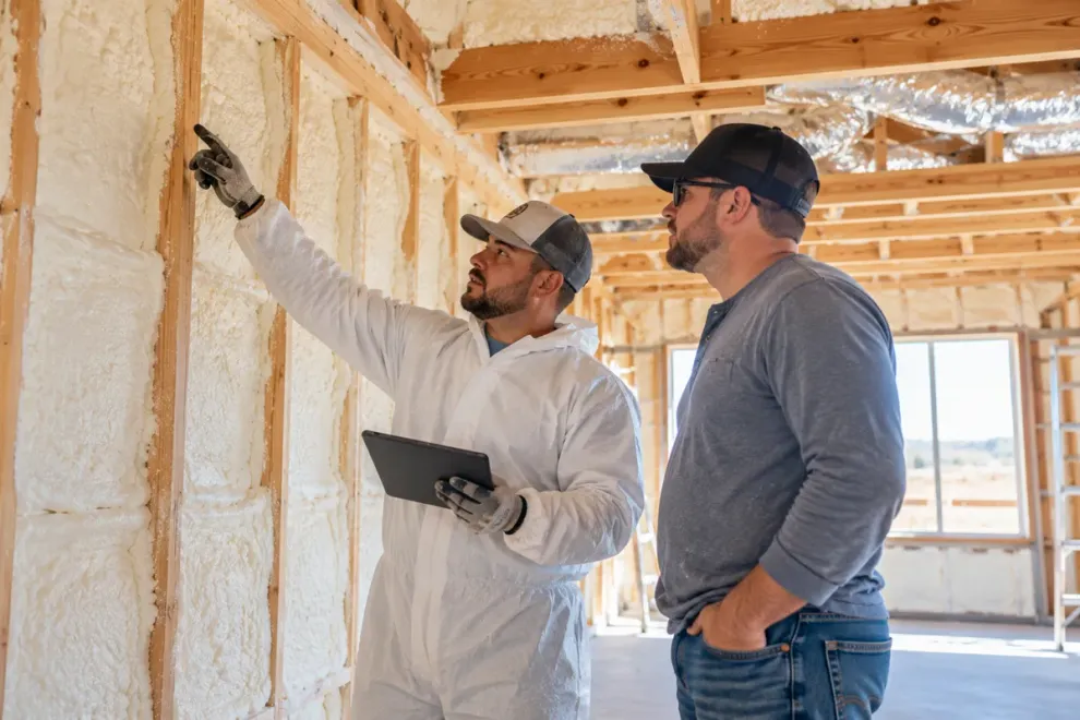 Spray foam insulation contractor inspecting wall insulation in an Odessa, Texas property.