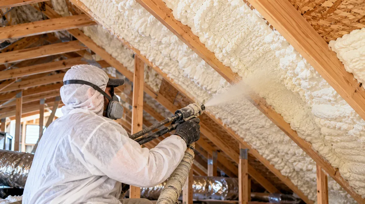 Technician applying spray foam between attic rafters in West Odessa.