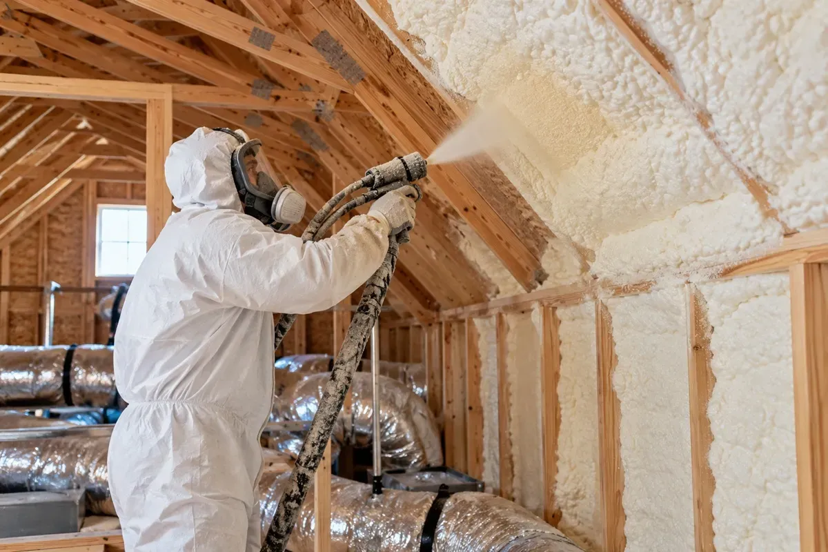 Spray foam insulation specialist applying foam between attic roof rafters to improve energy efficiency in Odessa, TX.