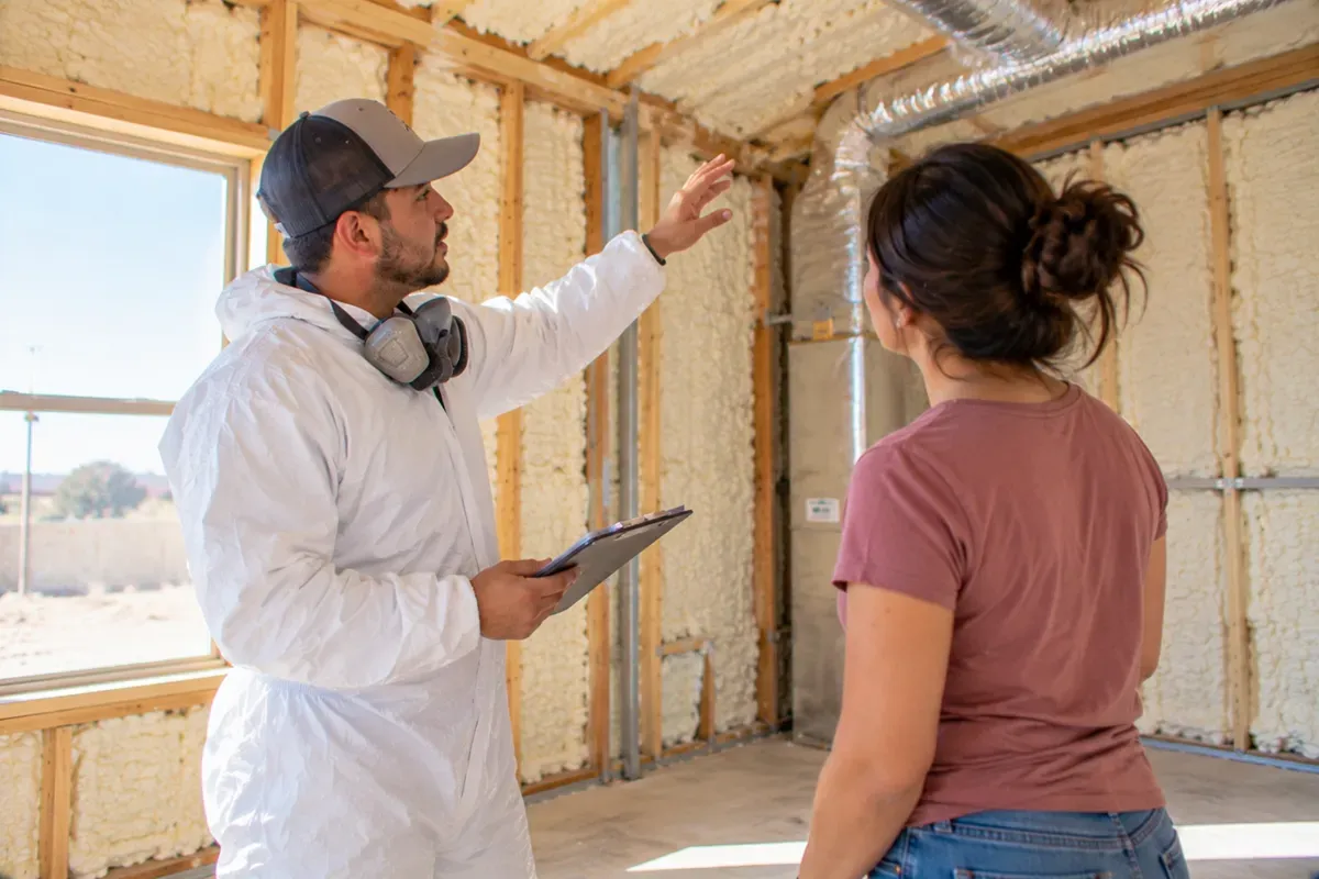 Insulation specialist explaining spray foam installation to a homeowner in Odessa, TX
