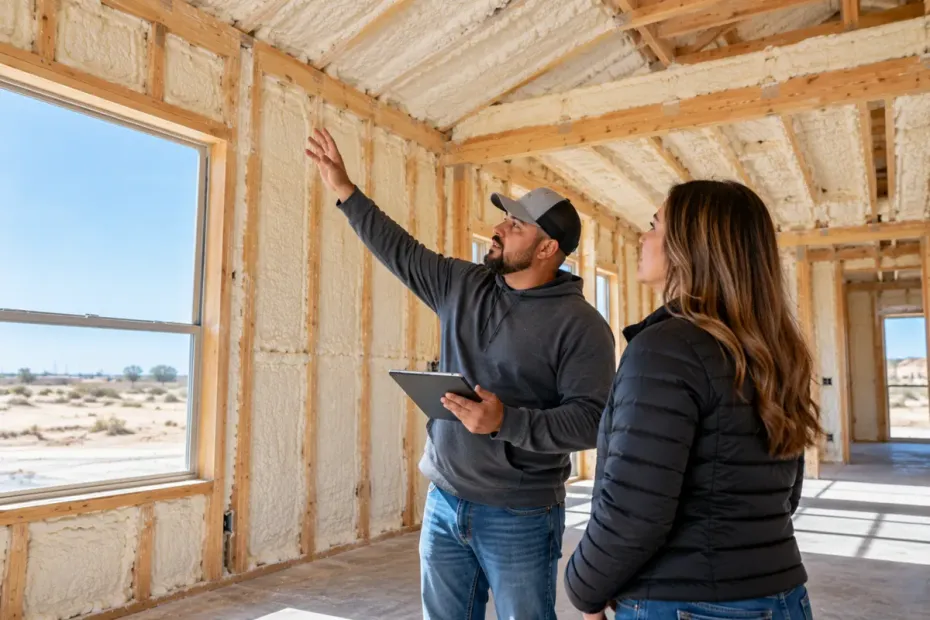 Insulation contractor discussing spray foam coverage with a property owner in Odessa, Texas.