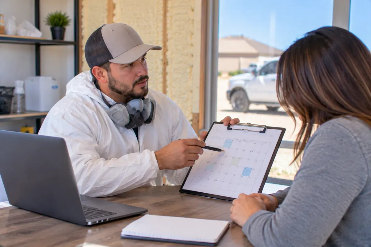 Insulation specialist reviewing an appointment calendar with a customer in Odessa, TX