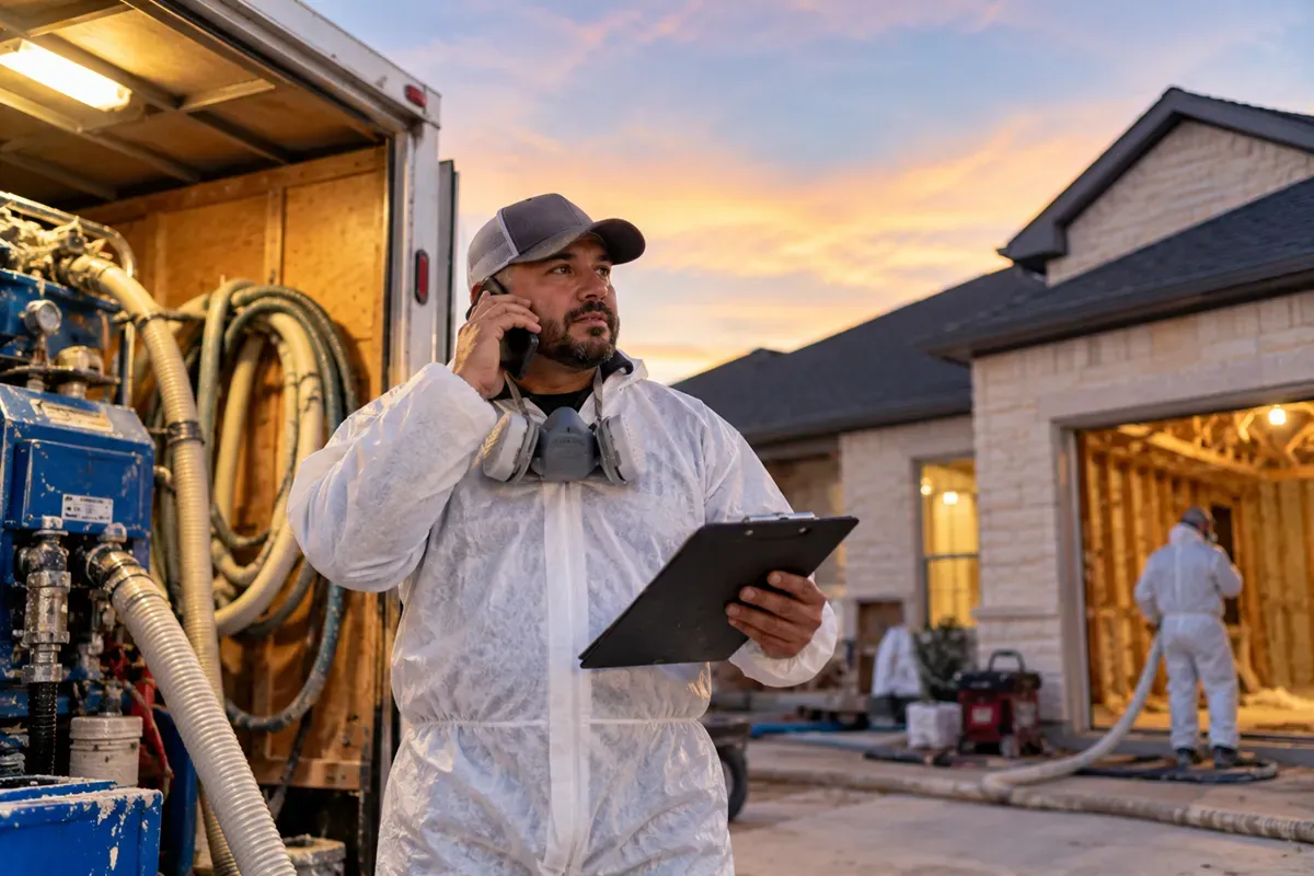 Spray foam insulation technician coordinating a home project by phone in Odessa.