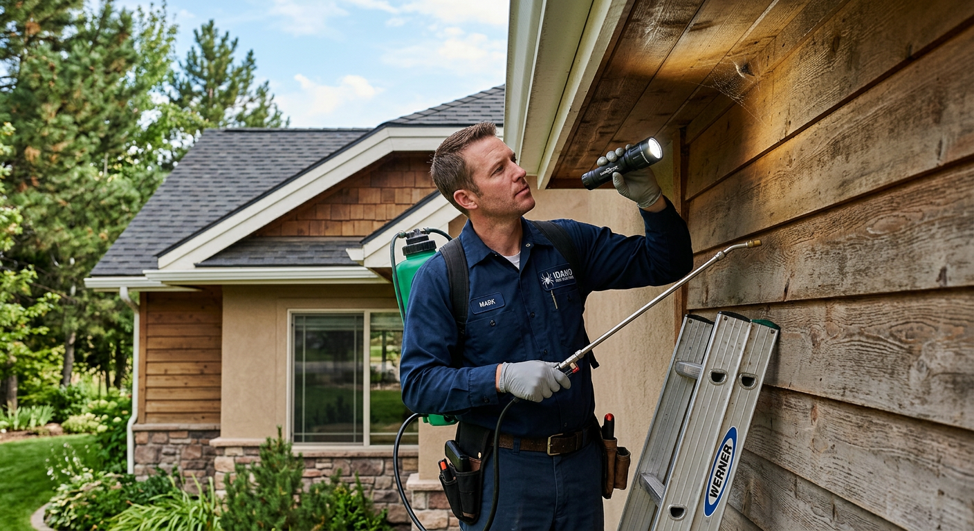 Painter spraying stain on a house’s wooden exterior, standing on a ladder beside a suburban home.