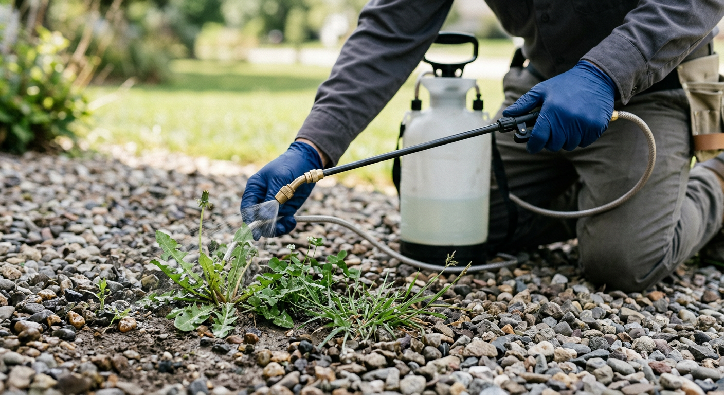 Person kneeling in a garden spraying weeds with a backpack sprayer on gravel.