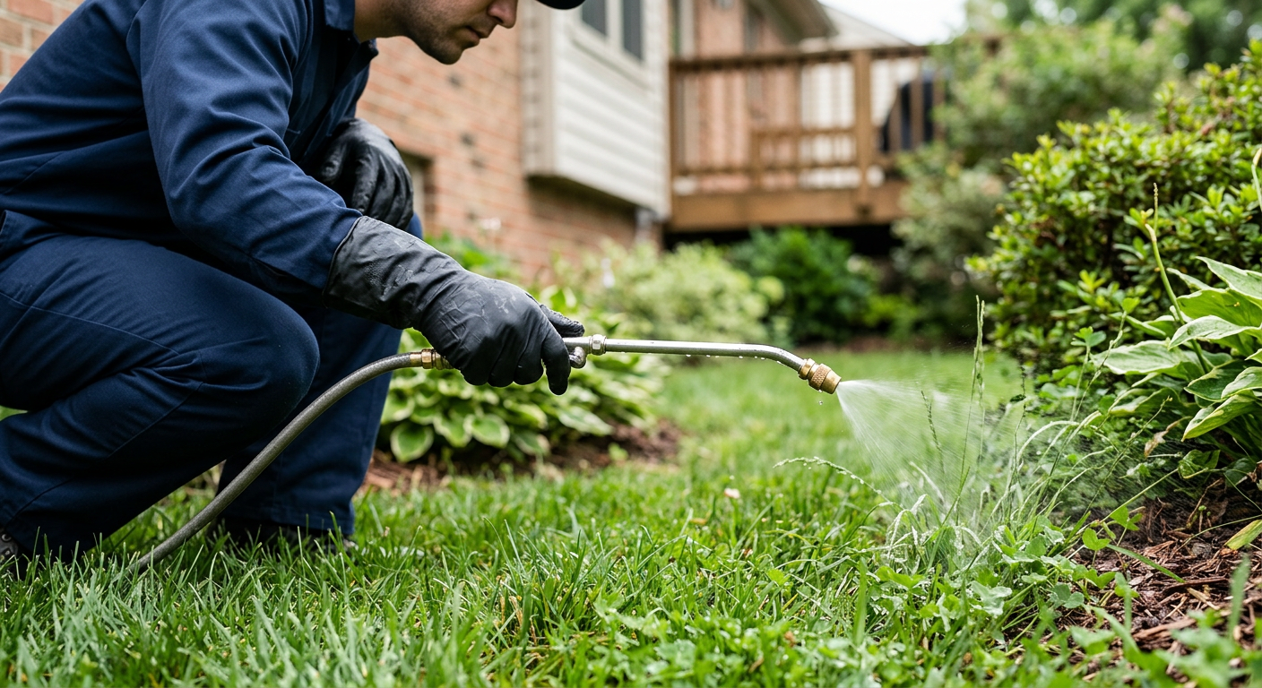 Person watering green shrubs with a hose in a garden beside a house