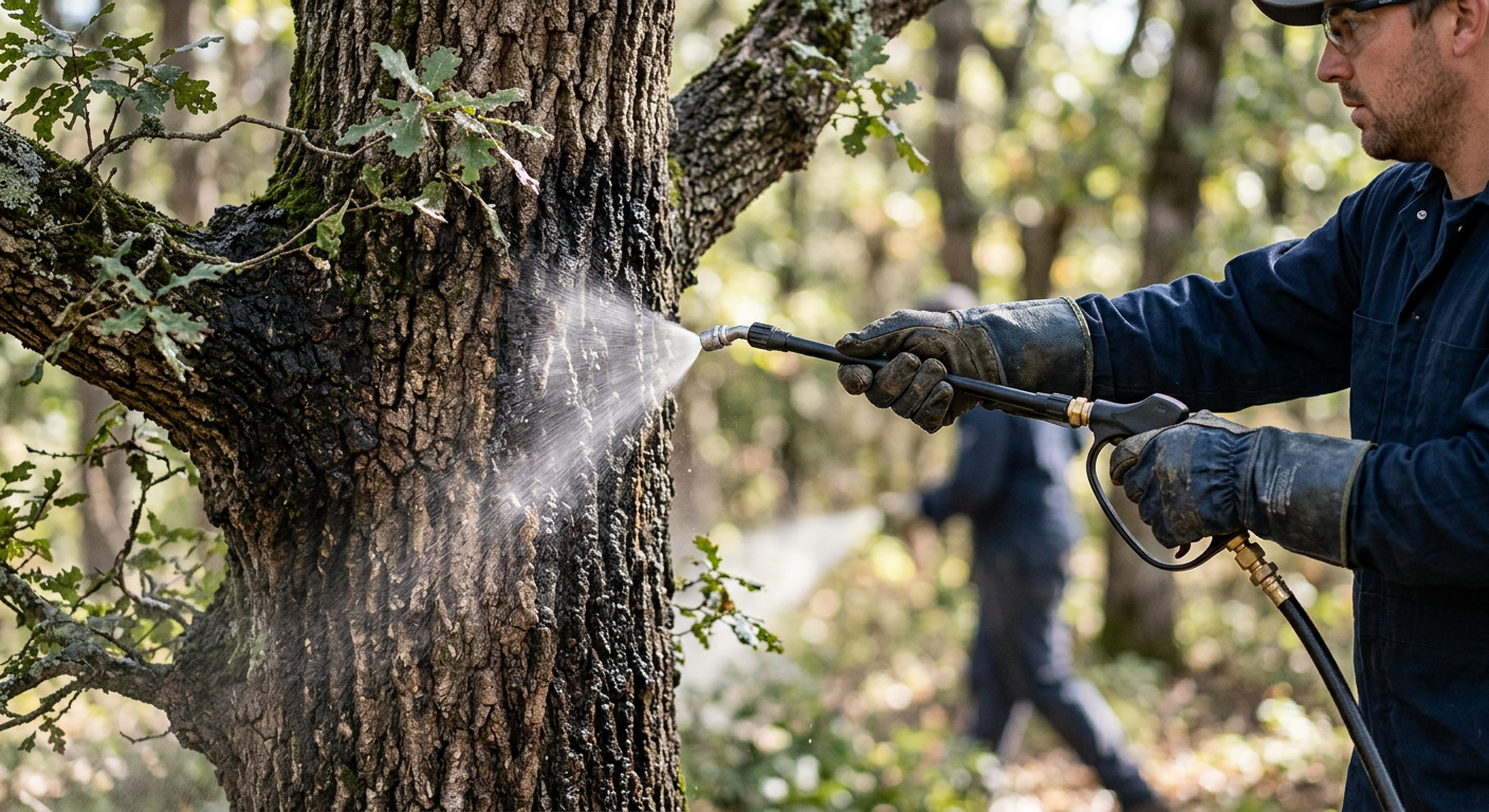 Person spraying a tree trunk with a pressure washer in an outdoor wooded area