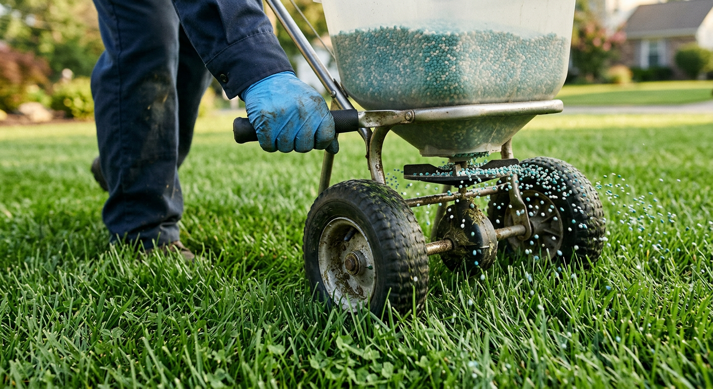 Person spreading fertilizer on green lawn with a push spreader