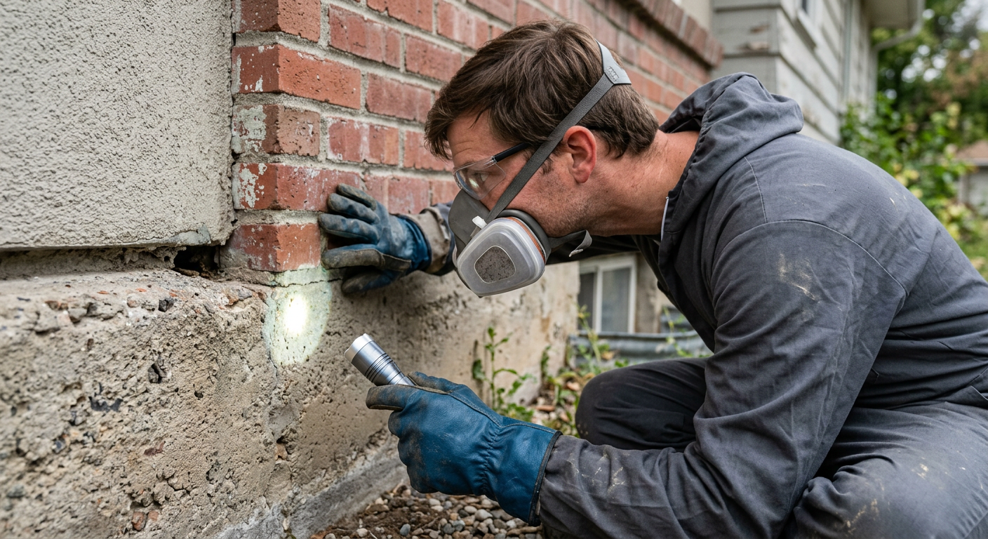 Worker inspecting damaged brick foundation wall with a flashlight and dust mask