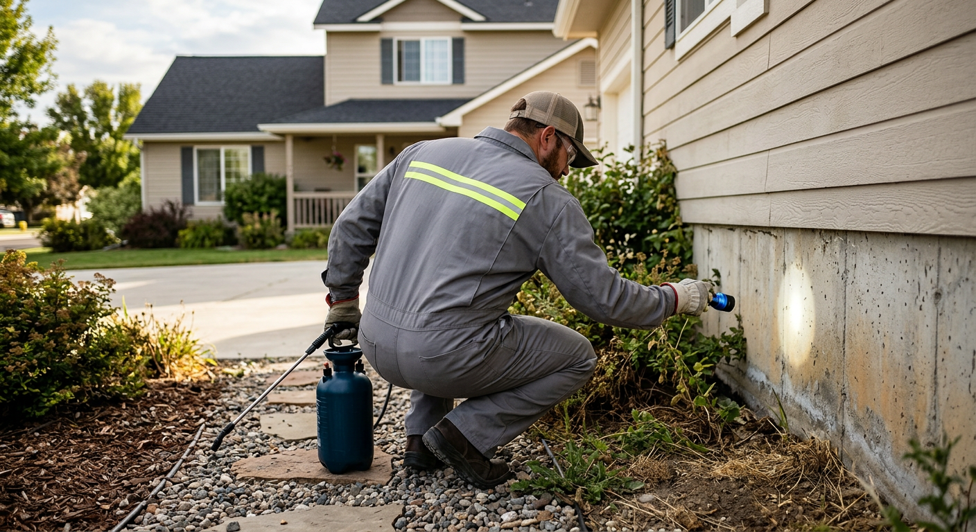Technician spraying pesticide along a house foundation beside a suburban home