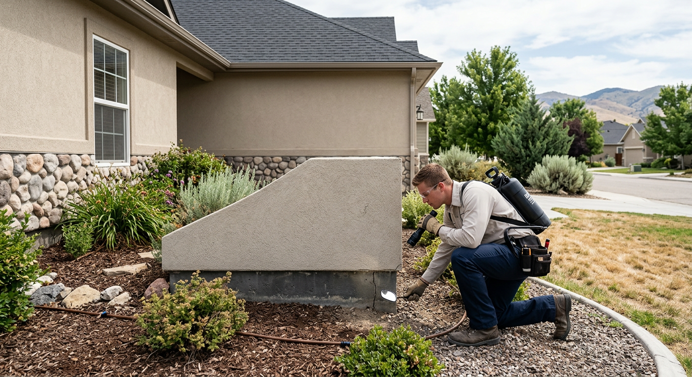 Two workers kneel by a house’s foundation, digging and planting in a landscaped yard.