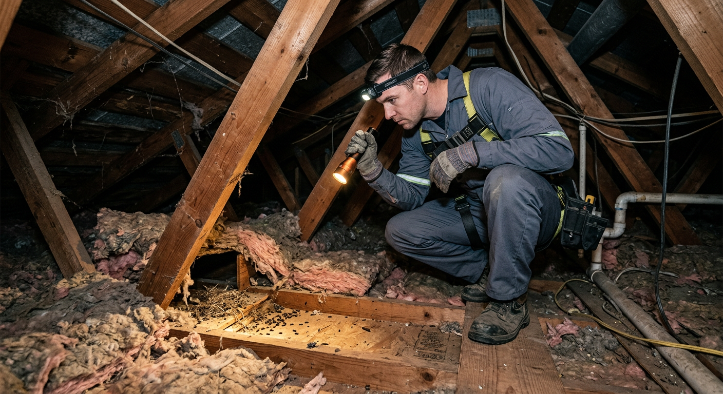 Crouching worker inspecting debris inside a damaged attic with wooden beams and a flashlight
