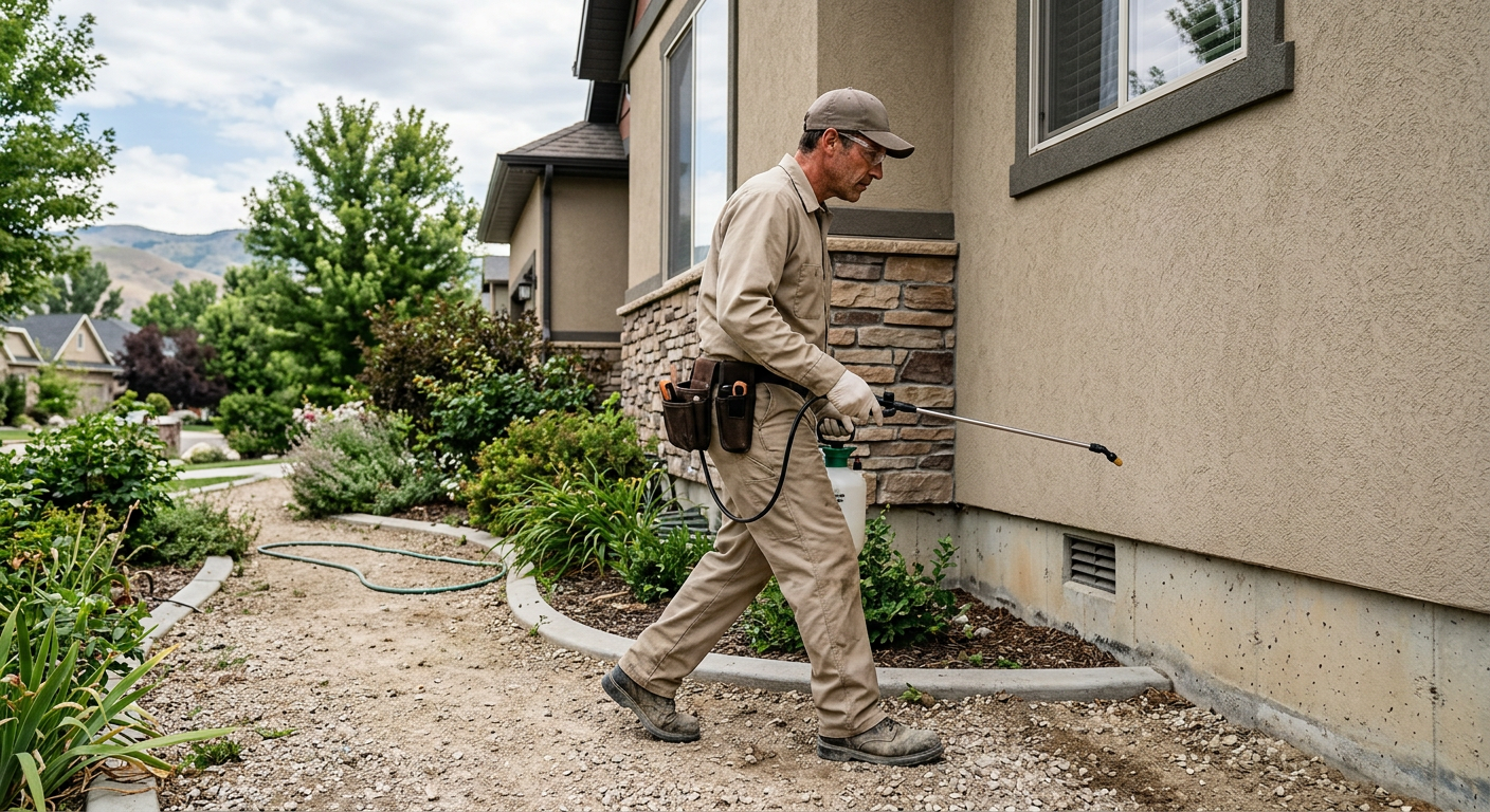 Worker using a string trimmer along a gravel path beside a house and shrubs