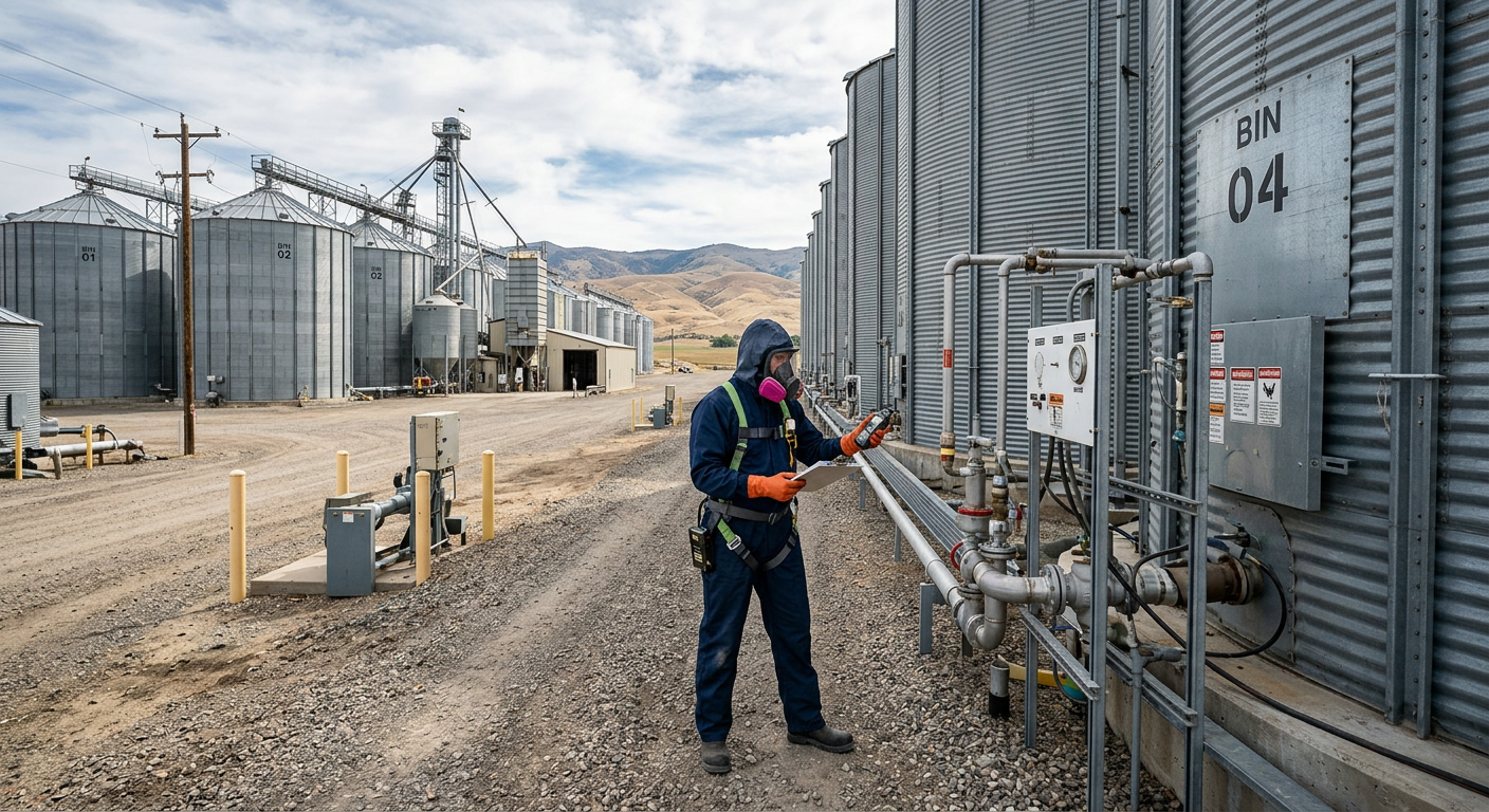 Worker inspecting electrical equipment beside large grain silos on a gravel industrial site.