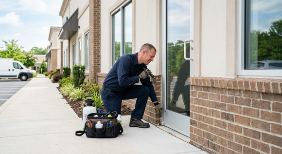 Technician kneeling by a glass door with tools and equipment outside a row of townhouses