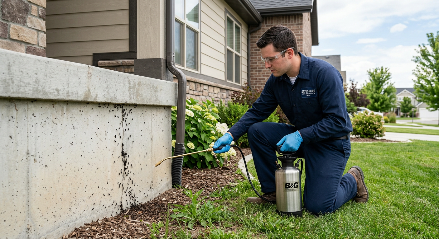 Worker in blue coveralls spraying treatment along a house foundation with a handheld sprayer