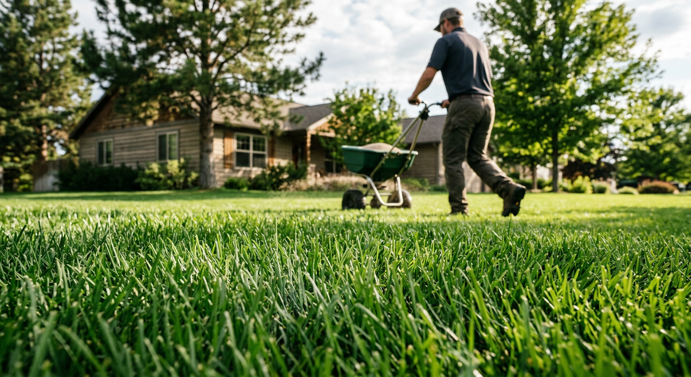Person mowing a lawn in a sunny suburban yard with a house and trees in the background