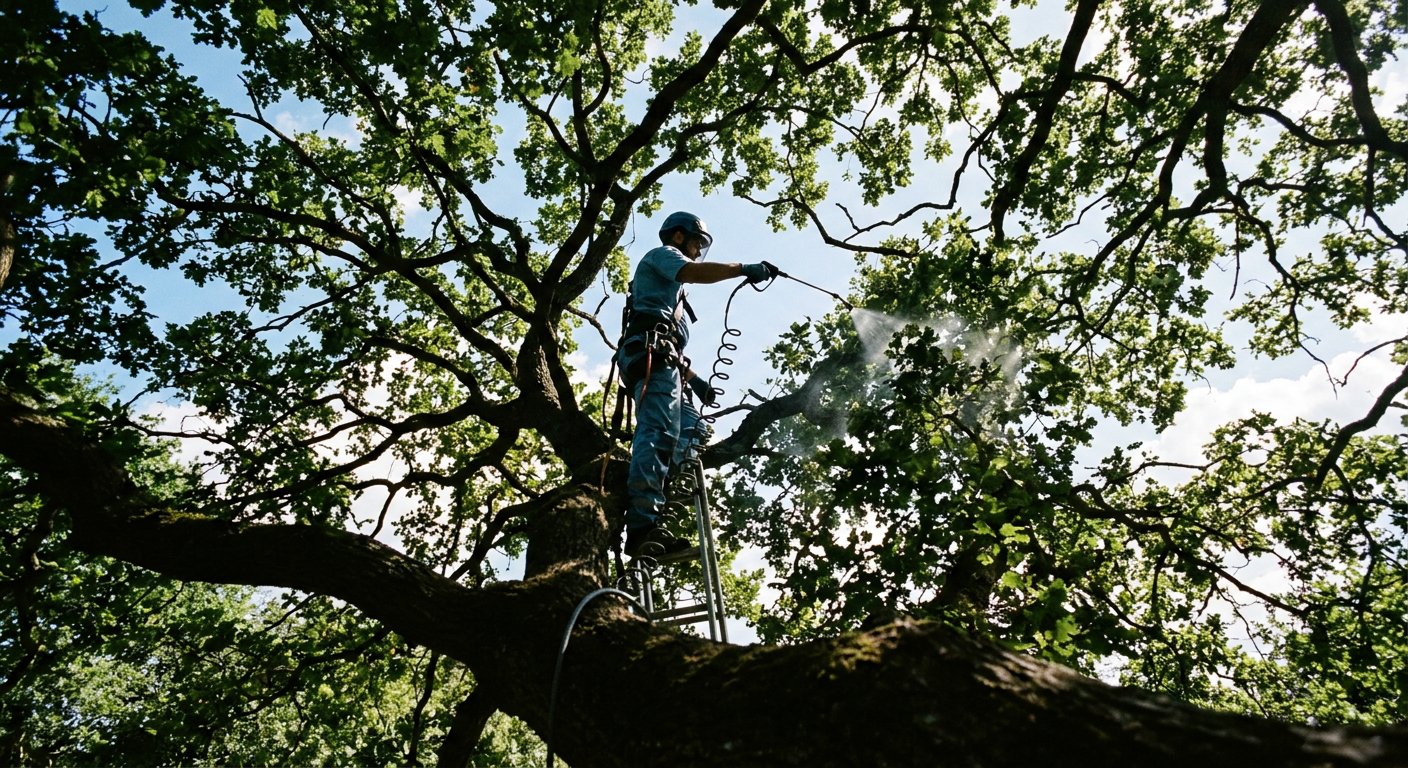 Person standing on a large tree branch among dense green foliage, reaching upward