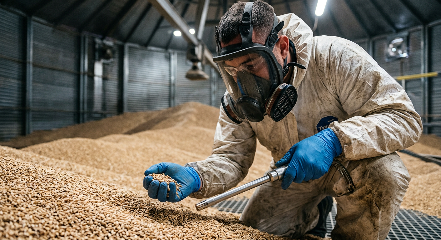 Worker in protective gear handling grain in an industrial warehouse