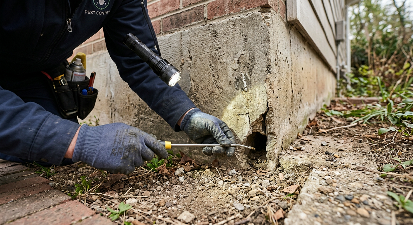Worker digging near a house foundation with a trowel, inspecting a small hole in the wall.