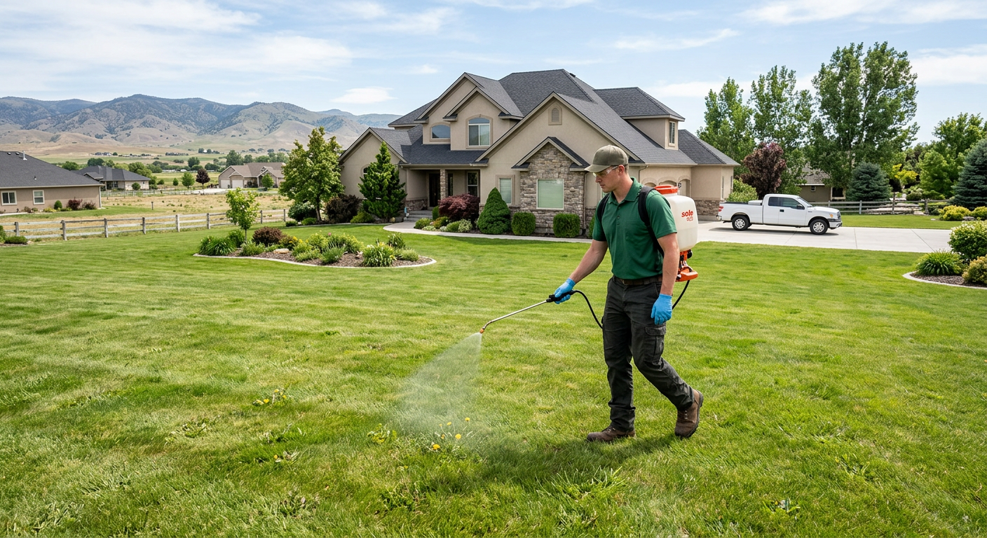 Man watering a large green lawn in front of a suburban house on a sunny day
