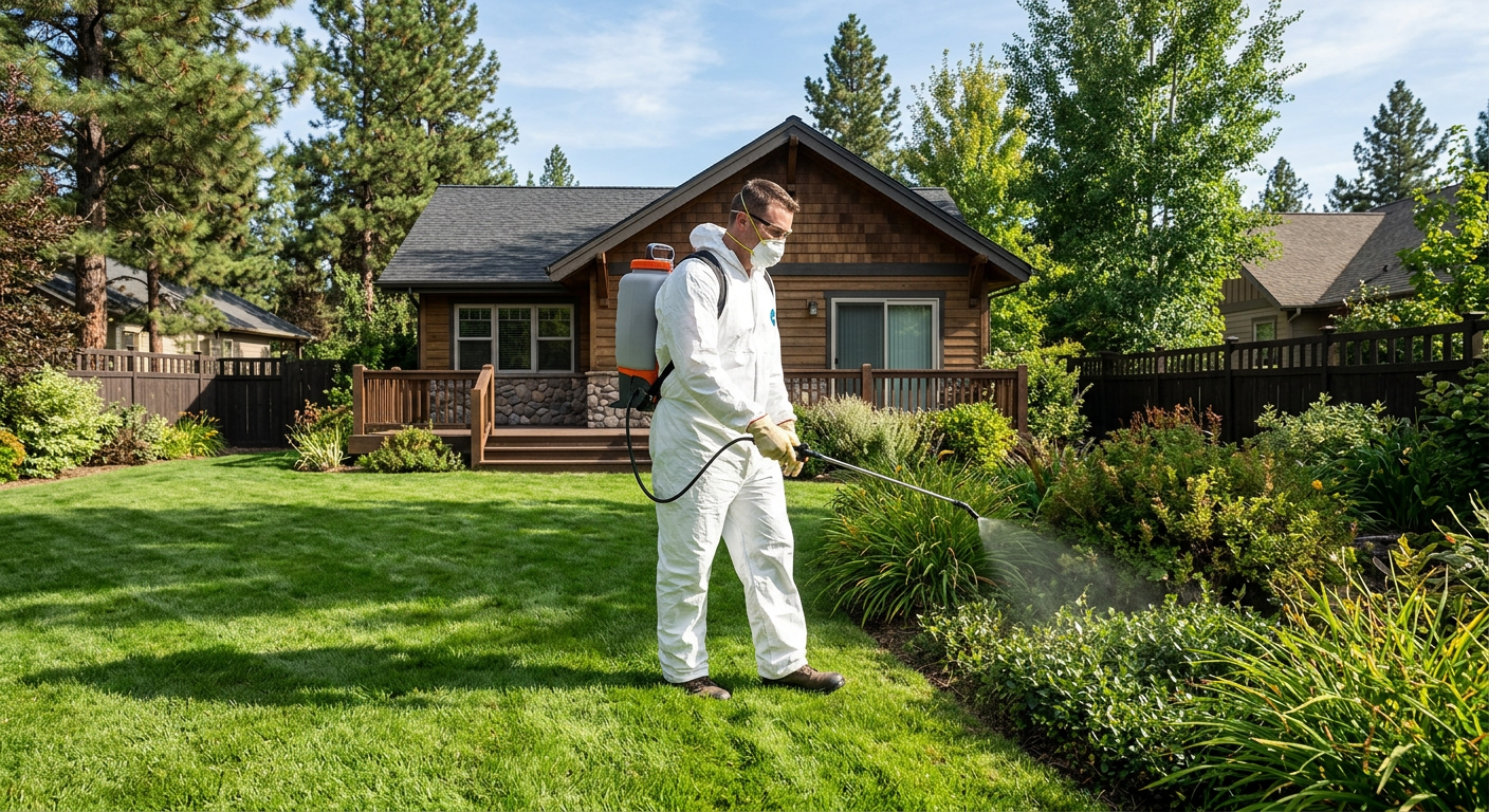 Person in white protective clothing sprays a lush green yard in front of a brick house.