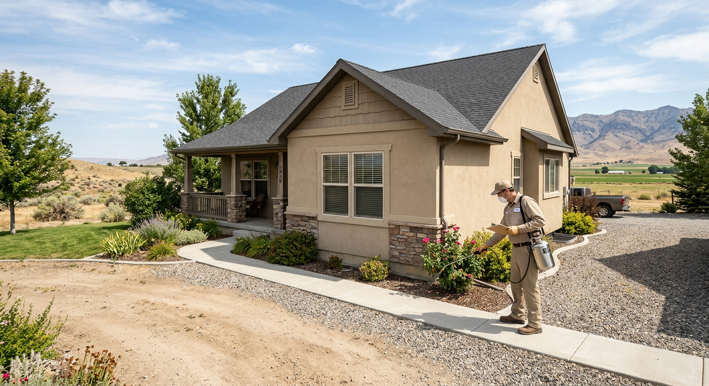 Person standing beside a beige house on a gravel driveway in a rural landscape