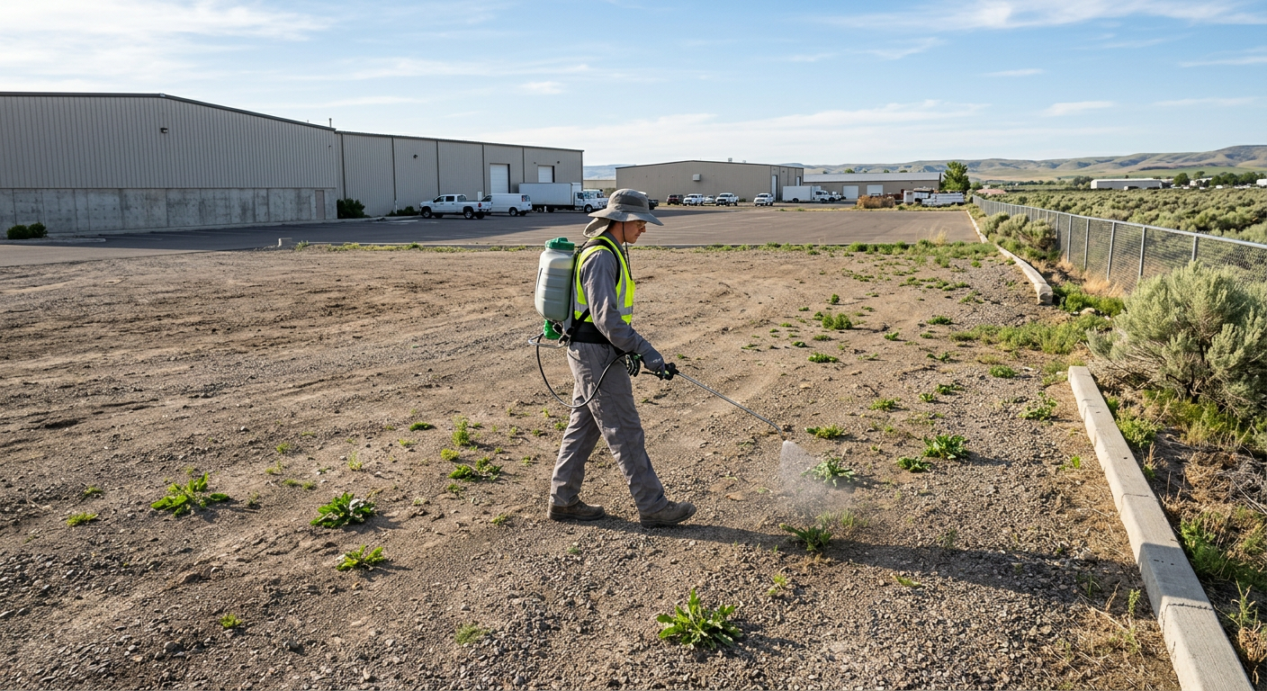 Worker in safety vest and hard hat surveying a gravel lot beside industrial buildings and sparse vegetation.
