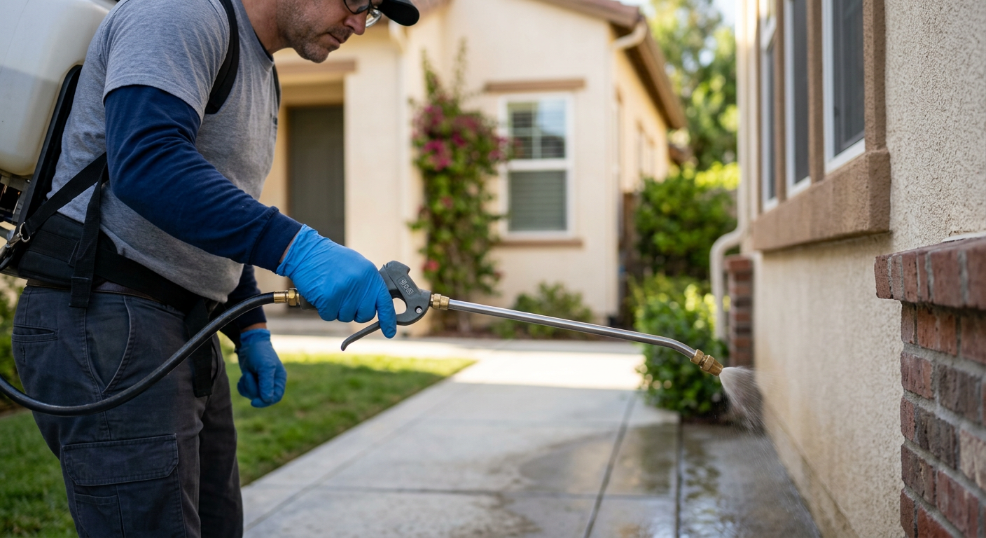 Worker spraying weed killer along a sidewalk beside a house