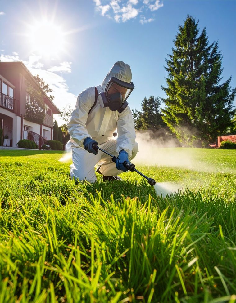 Gardener in white protective gear spraying grass with a hose in a sunny yard beside a house