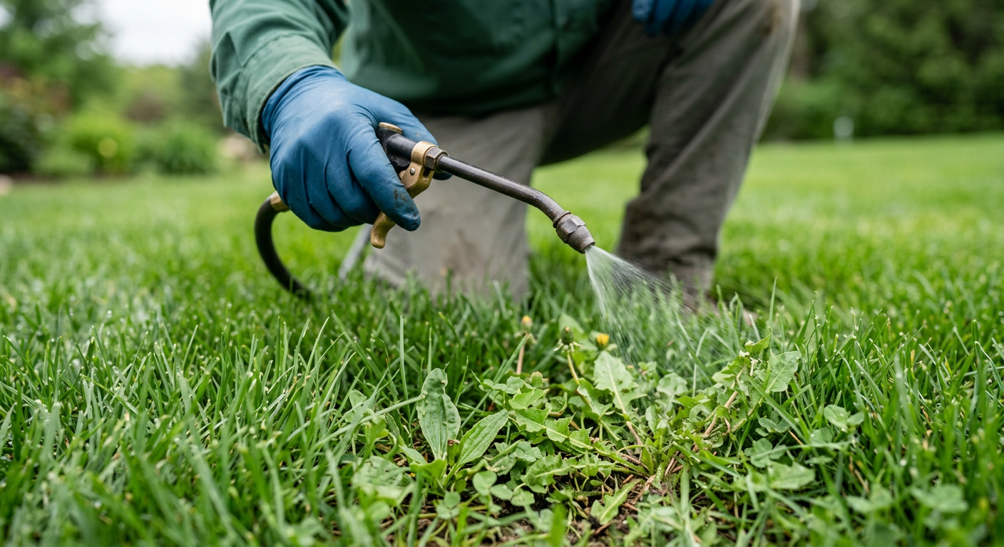 Person spraying weed killer on grass in a lawn with a garden hose nozzle