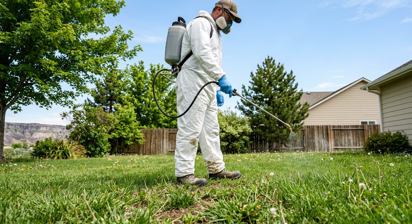 Worker in white protective suit spraying pesticide on grass in a suburban yard