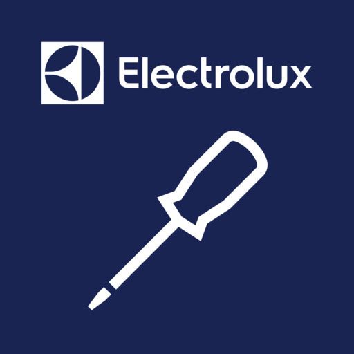 Logo Electrolux su sfondo blu con icona di cacciavite bianca