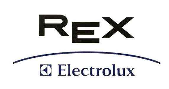 Loghi REX ed Electrolux in nero e blu su sfondo bianco.