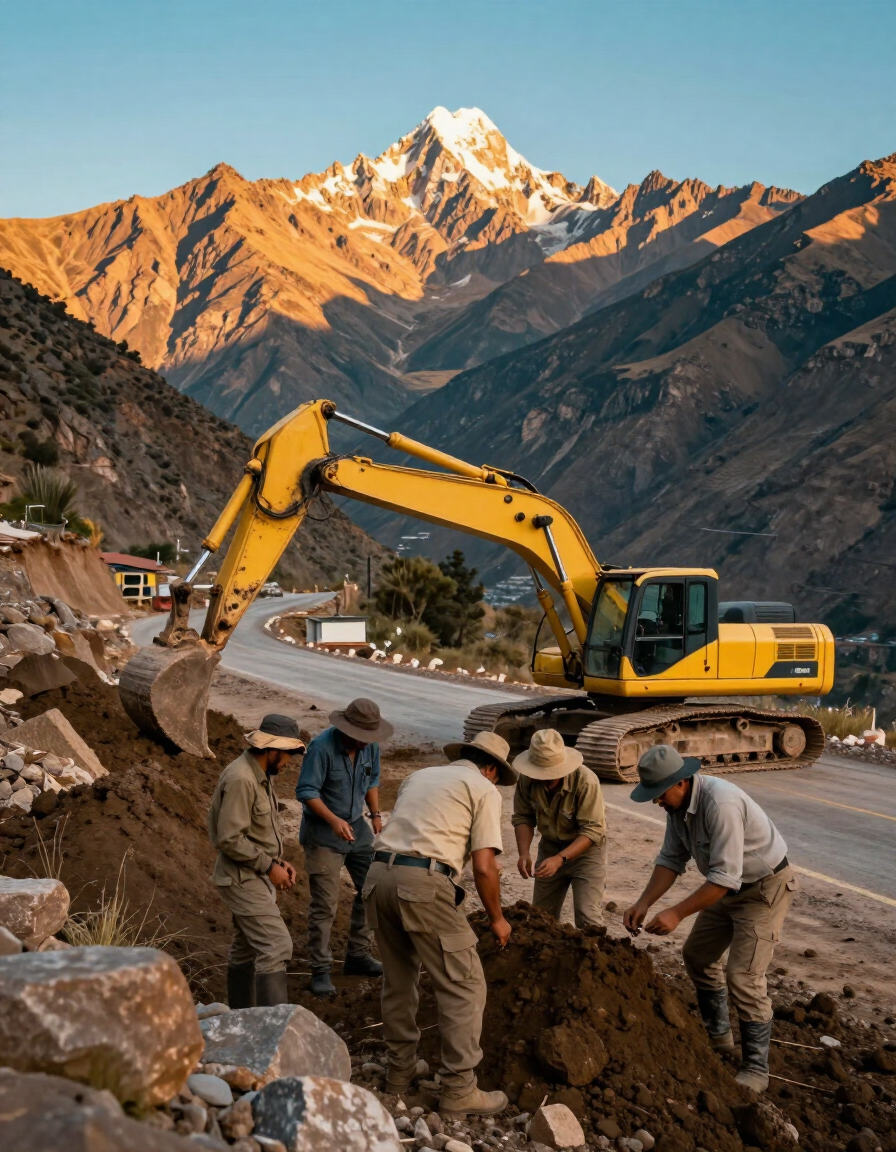 Trabajadores cavando una zanja al borde de la carretera junto a una excavadora amarilla en un paisaje montañoso al atardecer.